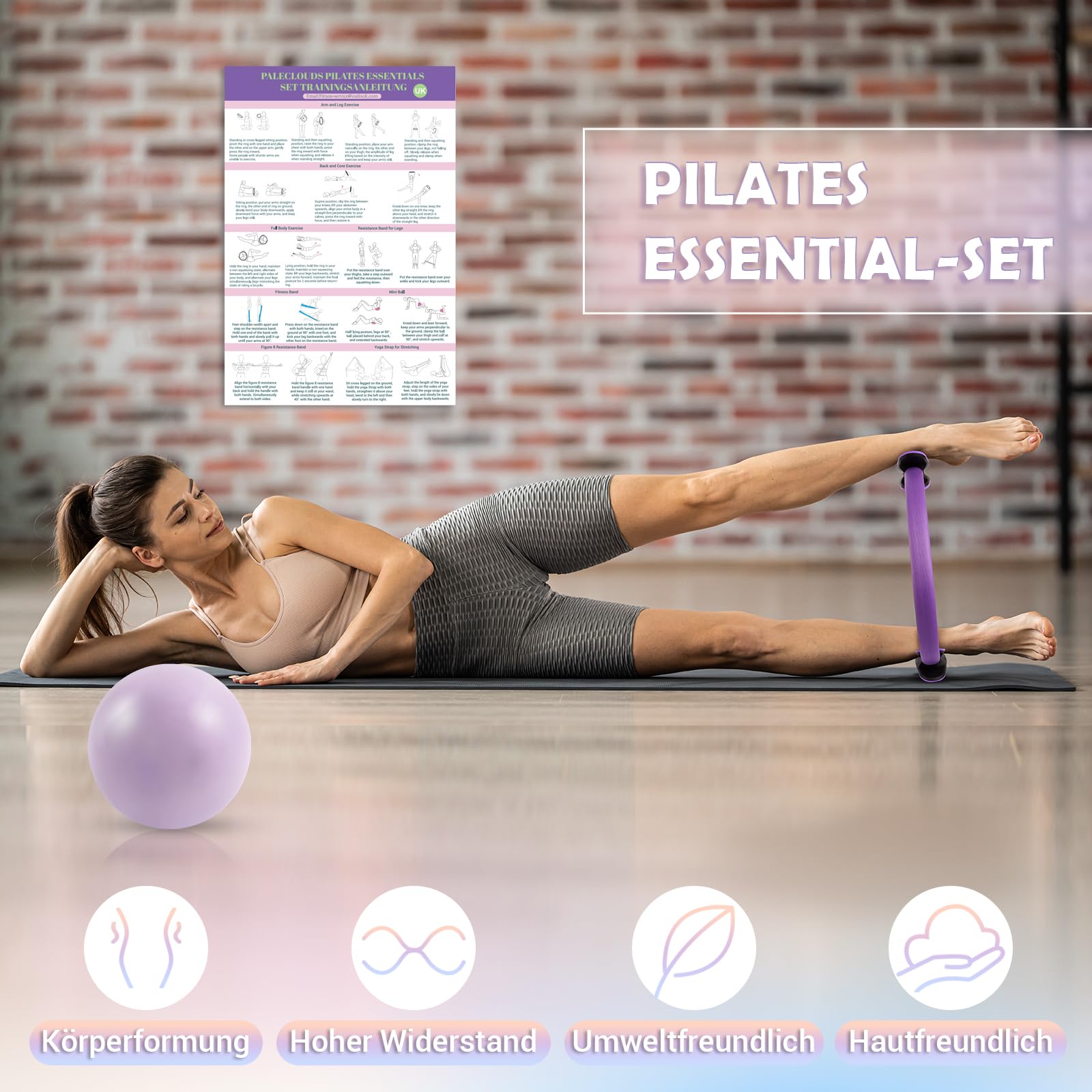 Pilates Set für Zuhause, Pilates Ring und Ball Set mit 12"/30 cm Yoga Circle, Miniball, 3 Fitnessbänders, Trainingsposter & Tragbare Tasche, Pilates Kit für Homeworkout Equipment Frauen, Workout