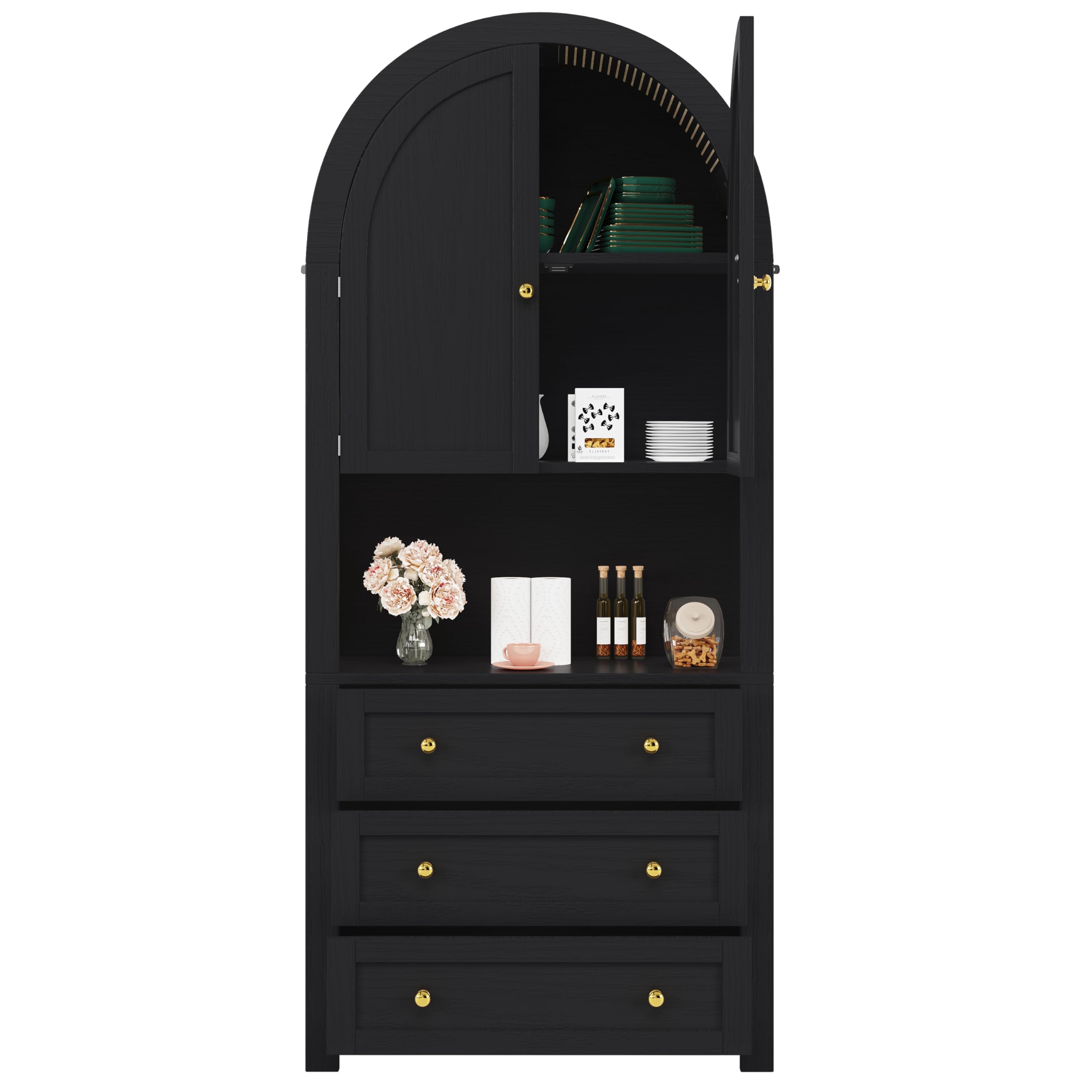 Merax Armario alto de 180 cm, armario multiusos con 2 puertas, 3 cajones, armario de almacenamiento abierto, armario de vitrina para salón, oficina, cocina, armario de cocina de arco alto, color negro