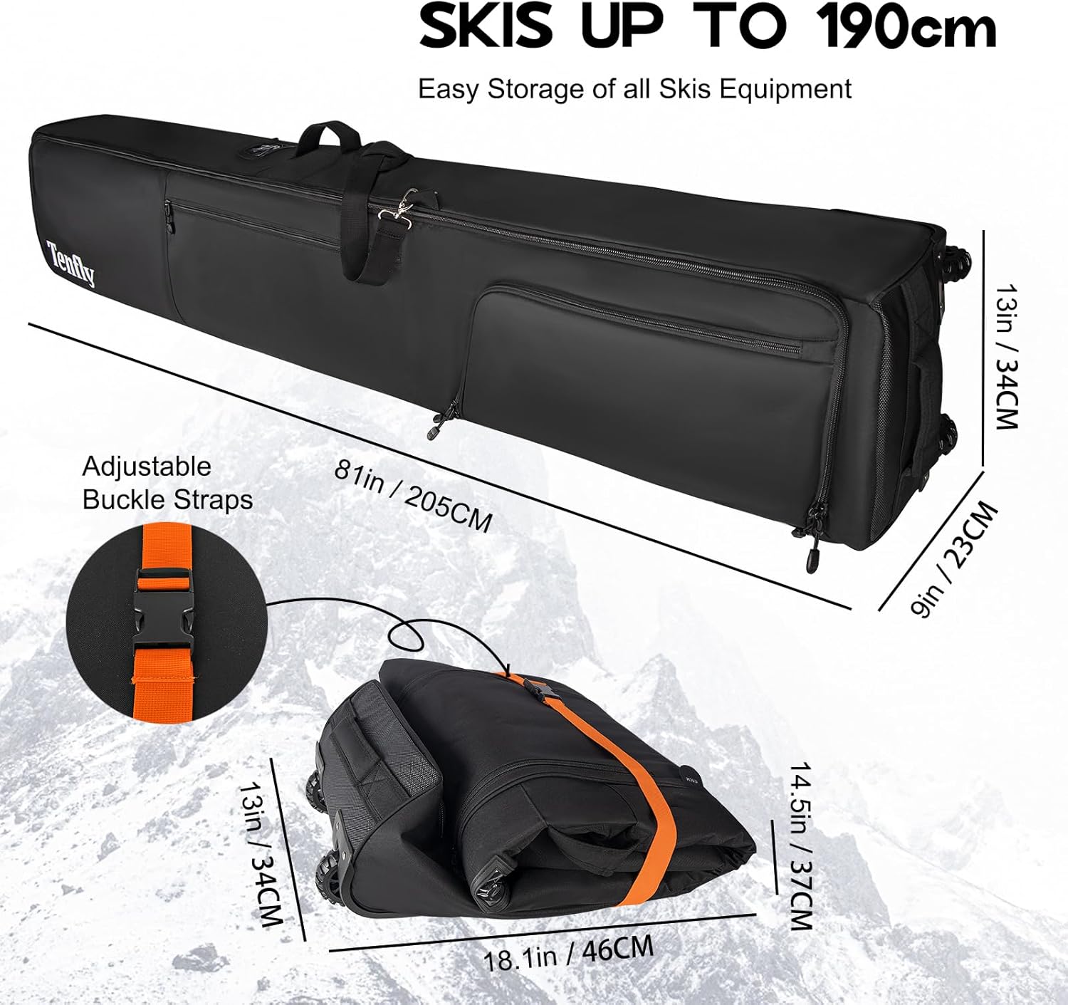 wheeled ski bag for air travel, padded waterproof ski gear bag fits 2 pairs skis, adjustable length 156-200cm, foldable black 190