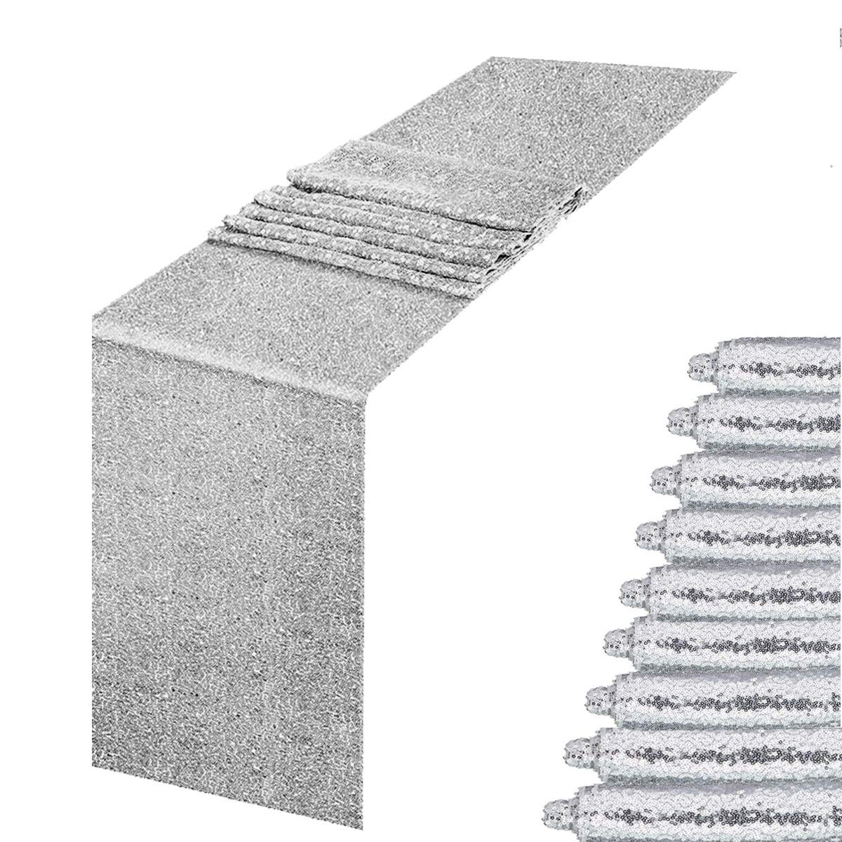 JYFLZQ Silver Sequin Table Runner 12"x108" Pack of 10 Glitter Sequin Fabric Table Linens Runner Sparkly Sequin Runners for Table Wedding Birthday Party Decor