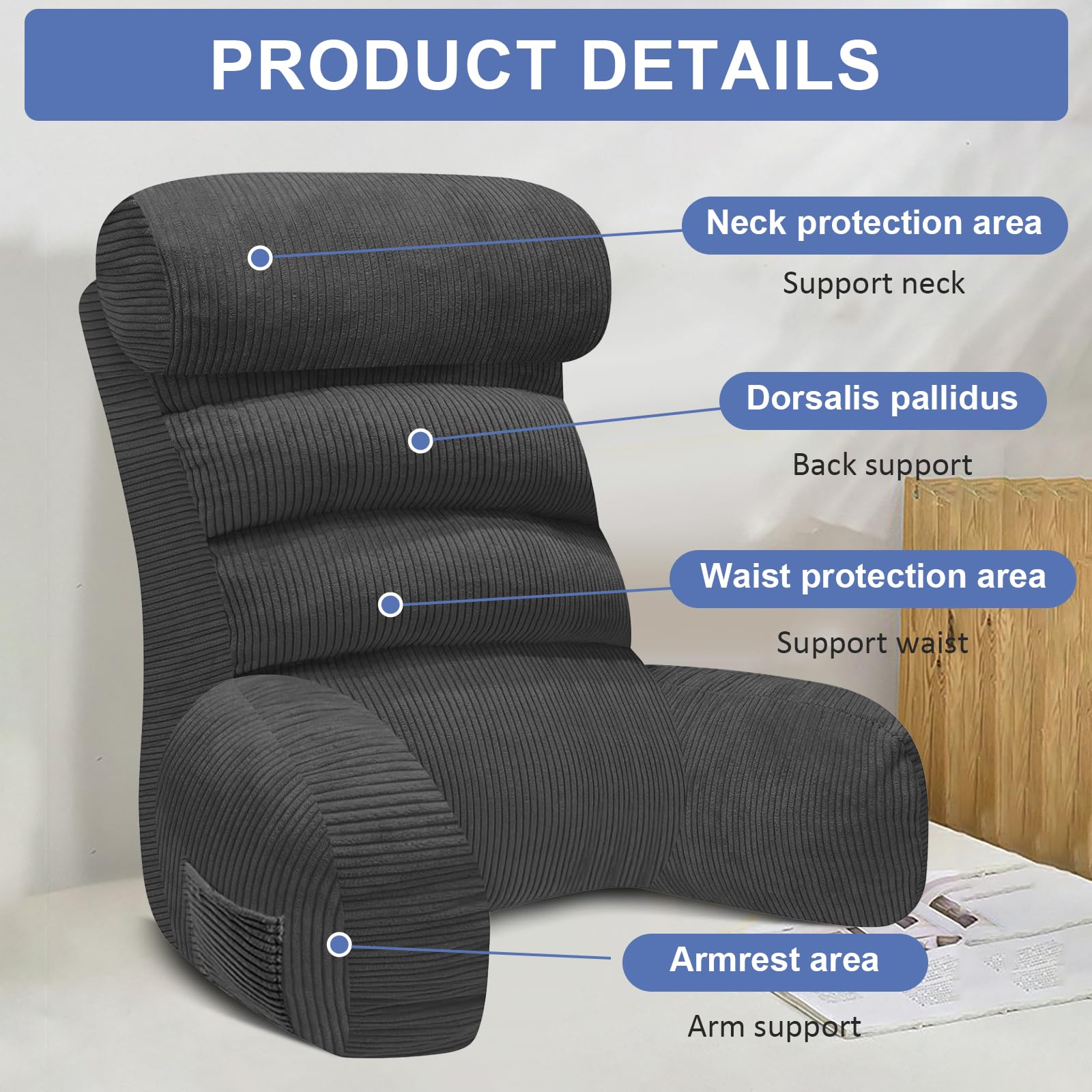 MeYuxg Cojín de lectura para cama y sofá con reposabrazos y soporte para el cuello desmontable, 60 x 35 cm, cojín de respaldo ajustable en altura, cojín de apoyo para la espalda para leer, ver la