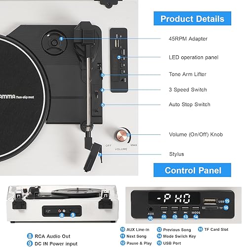 Miniatura 6 de Tocadiscos de vinilo Bluetooth, reproductor de vinilo retro de 3 velocidades con altavoces integrados, entrada AUX, parada automática, grabación
