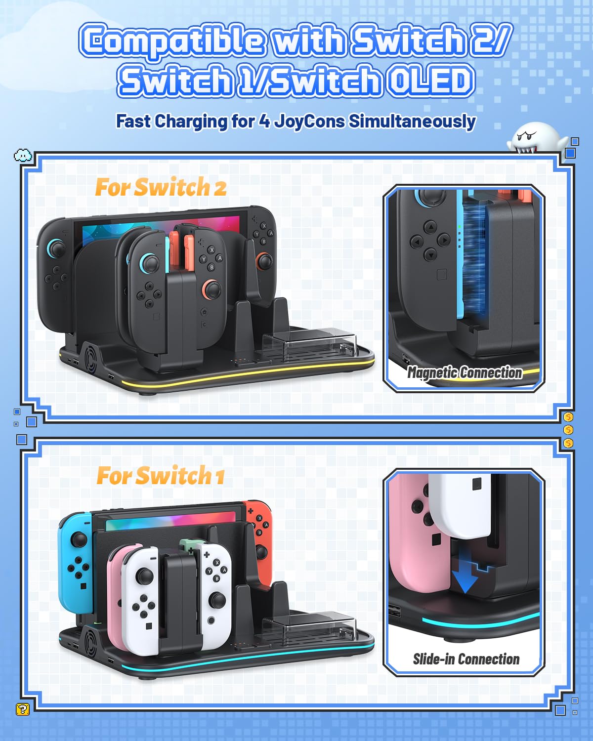 [Compatible Switch 2/1] FASTSNAIL Manette Chargeur pour Nintendo Switch 2/1/OLED pour Joycon, Support Switch 2 avec 9 Modes RVB, Ventilateur, 12 emplacements pour Cartes de Jeu, Support pour Casque