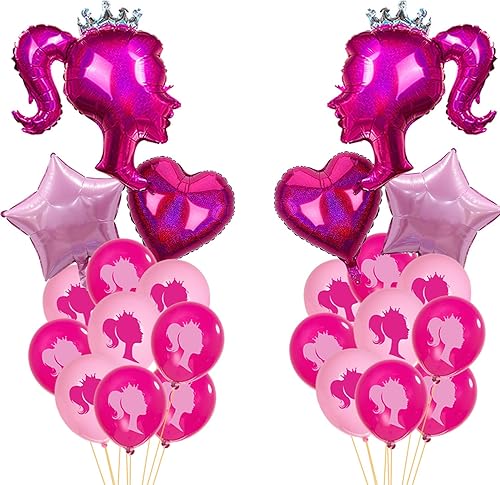 30 globos de papel de aluminio de princesa rosa intenso, globos de estrella de corazón rosa, cabeza de niña, kit de globos de látex para