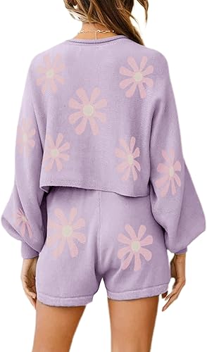 Miniatura 4 de Ekouaer Conjunto de pijama de punto para mujer, conjunto de descanso de manga larga abombada y pantalones cortos, conjuntos de 2 piezas, conjunto de