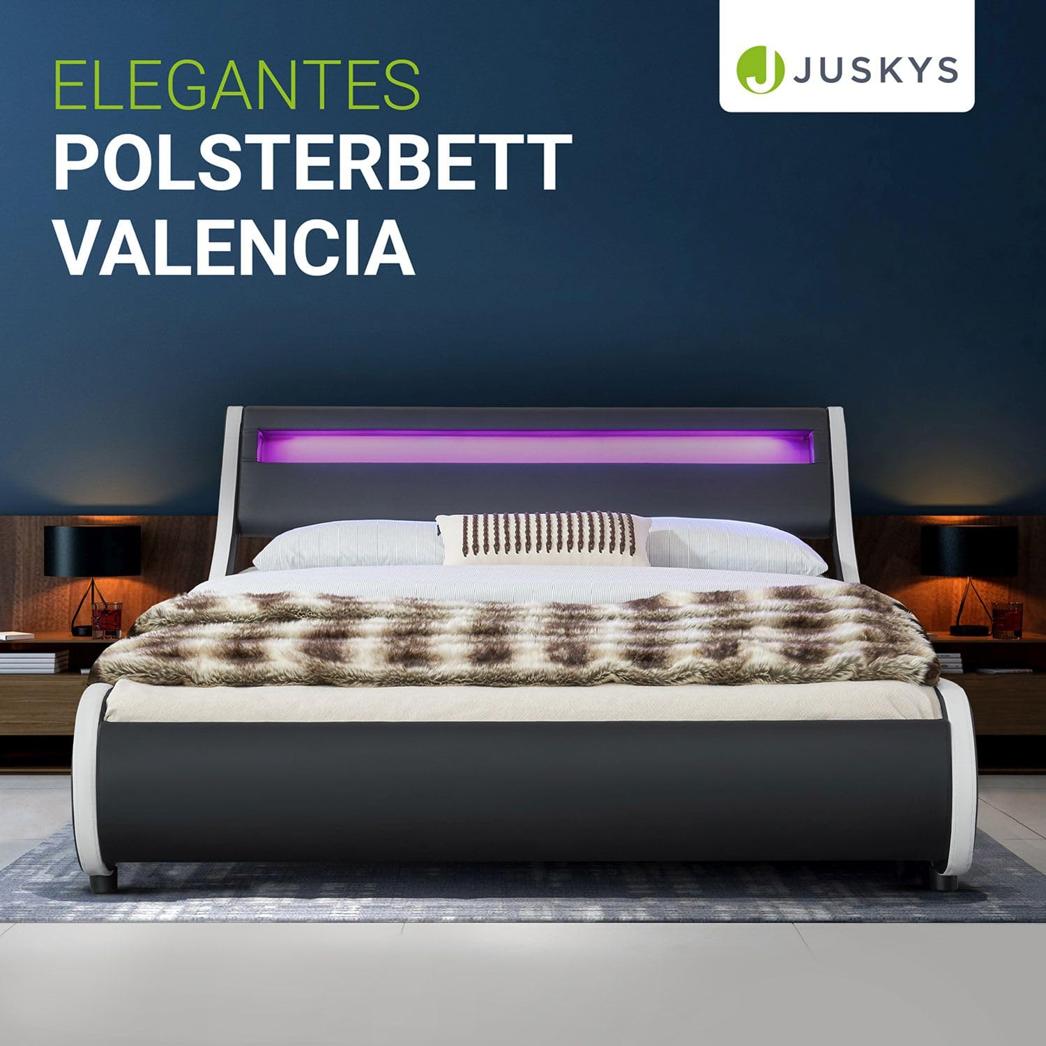 Juskys Polsterbett Valencia 180x200 cm komplett mit Matratze, LED Beleuchtung, Lattenrost & Kopfteil - Bett Doppelbett - schwarz