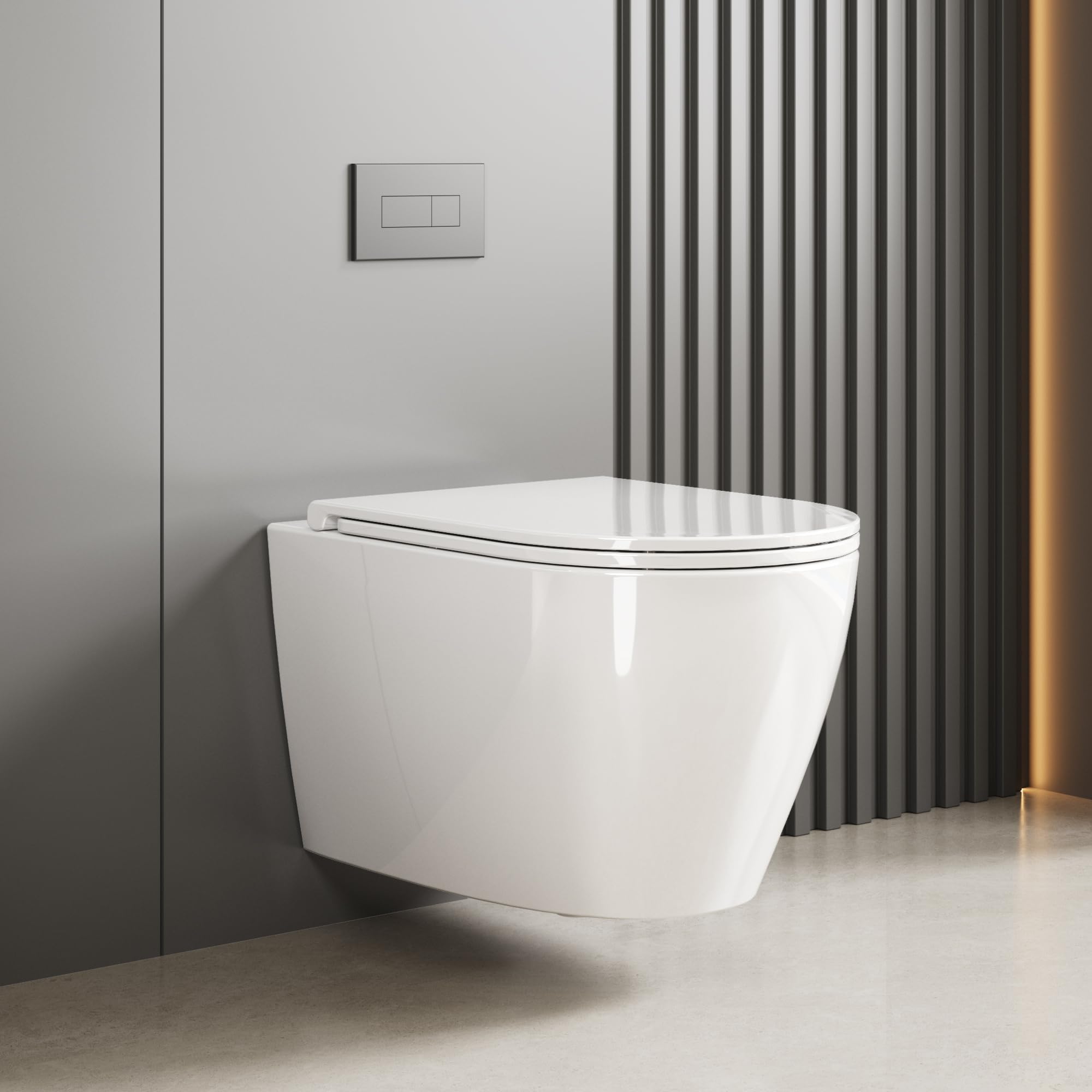 WC Hängend Toilette, Spülrandlos Wand-WC Set aus Keramik mit Toilettendeckel Abnehmbaren Absenkautomatik Effizienter Spültechnik Hängetoilette, D-Form,Lang 55.5cm, Weiß