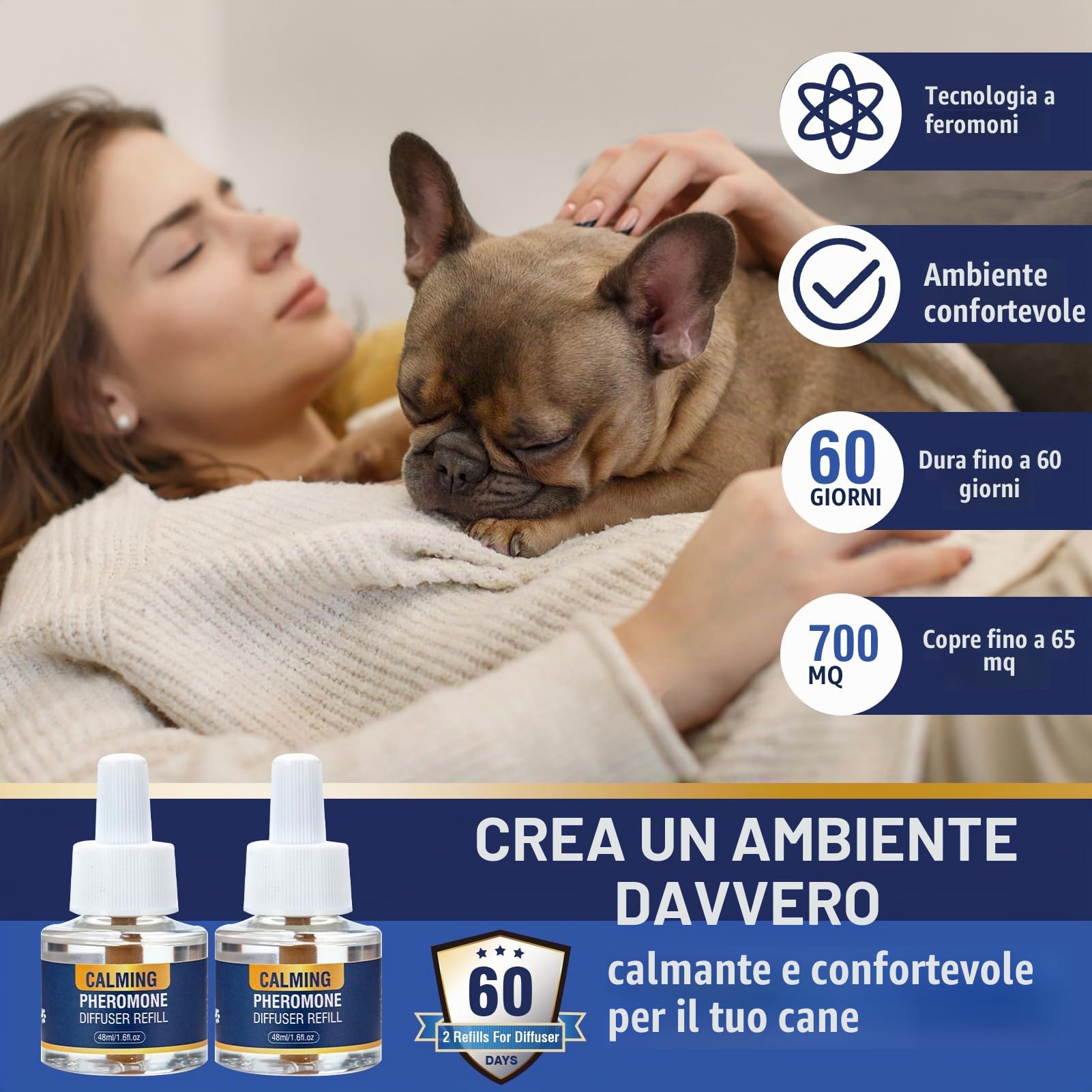 Feromoni per Cani Calmante 3 in 1 Tranquillit Kit(1 Diffusore + 2 Ricaricha 48ml) Calmanti Cane Calm Irrequieti Stressati per Rilassanti E Tranquillanti Cani Diffusore 60 Giorni Sapore Di Insapore