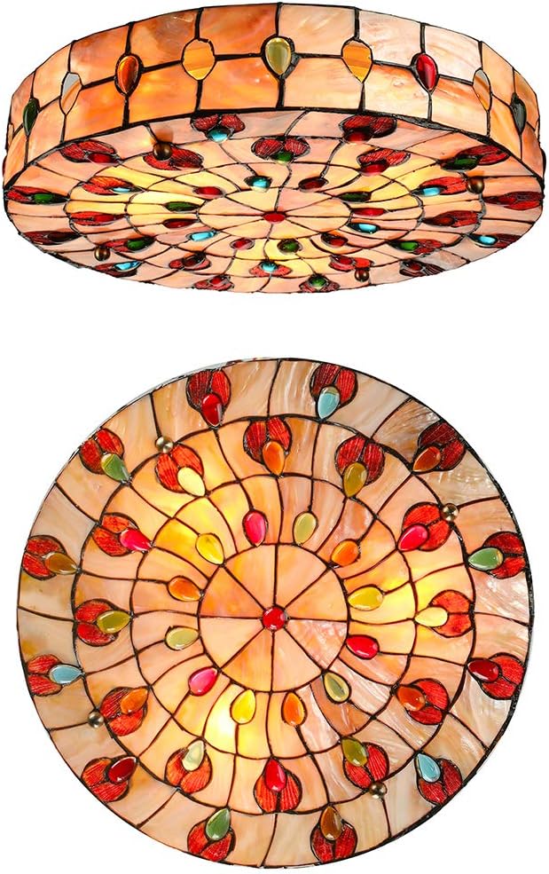 LITFAD Tiffany Style Flush Mount Ceiling Light Glamorous Peacock-Inspired Shell Shade LED Ceiling Lamp Hand-Made Stained Glass Pendant Lighting for Bedroom Living Room Hotel - 14" (35 cm)