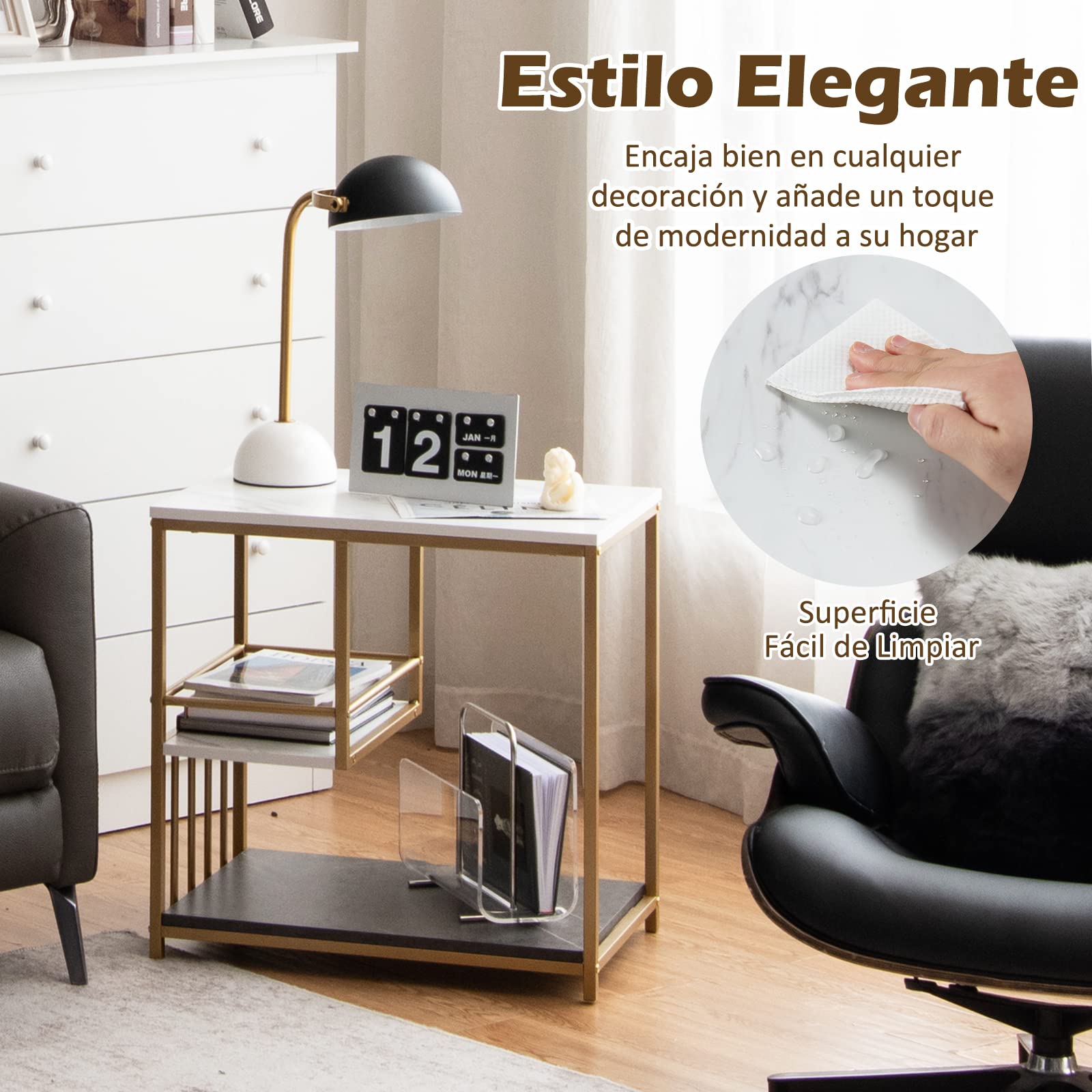 COSTWAY Mesa Auxiliar Blanca, Mesa con 3 Niveles y Estructura en Acero Pintada Dorada, Mesita Moderna para Salón Dormitorio, Fácil de Montar, Mármol y Oro 60 x 40 x 60,5 cm