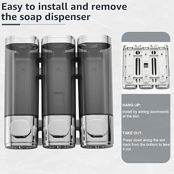 Pollock Wall Mounted Soap Dispenser, 300ml x 3 Shampoo and Conditioner Dispenser, No-Drill Installation Shower Soap Dispenser, Eliminates Shower Clutter, for Bathroom Home Hotel Restaurant – Silver