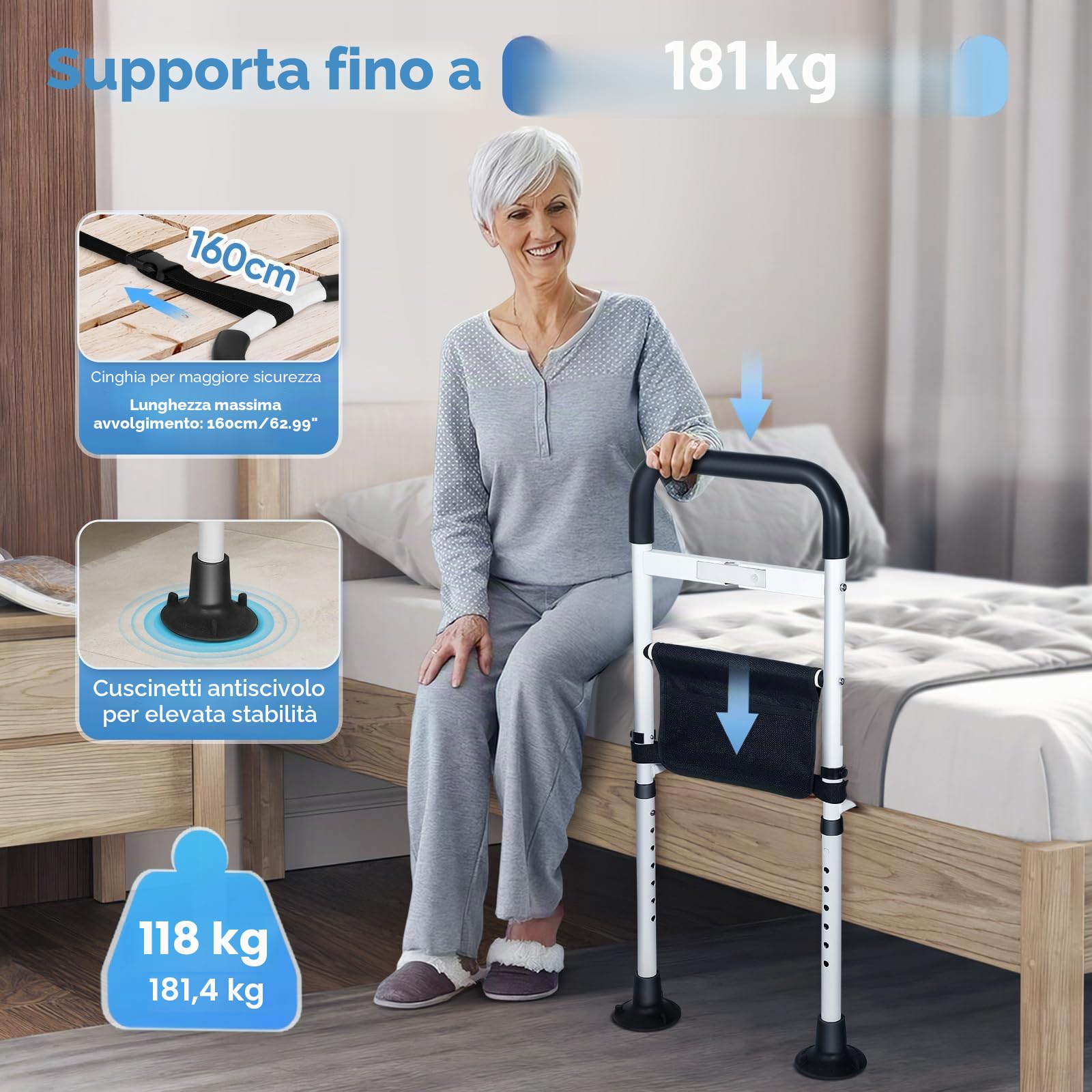 Griglia da letto per adulti anziani con lampada, manico antiscivolo regolabile, telaio in acciaio stabile, facile da installare, custodia per riporre – sicurezza e supporto per anziani