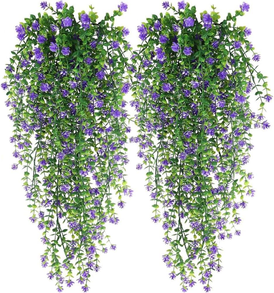 6Pcs Artificial Hanging Plants Fake Hanging Plant Faux Eucalyptus Leaf Greenery Vine Outdoor UV Resistant Plastic Plants Home Garden Wedding Party Indoor Outdoor Decorations (Purple)