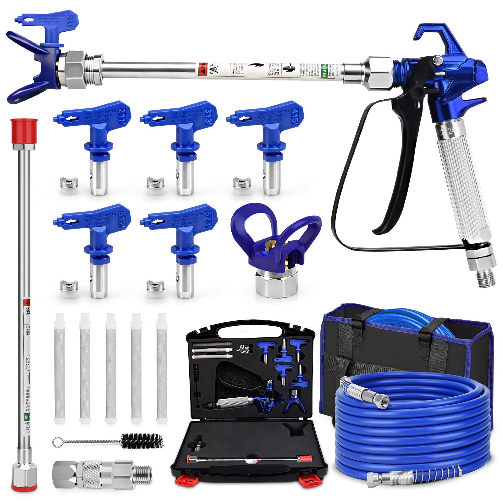 Kit de pistolet pulvérisateur de peinture sans air 18 pièces 3600 psi, avec tuyau haute pression de 7,6 m, tige d'extension, embouts de pulvérisation, filtres, protection de pointe, étui de rangement