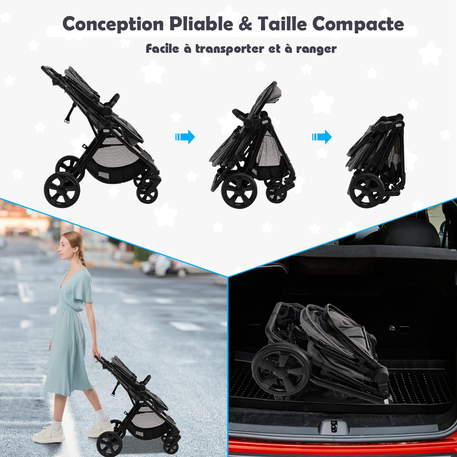 COSTWAY 2 en 1 Poussette Canne Bébé 6-36 Mois avec Auvent & Dossier Réglable, Poussette Haute Paysage Légère avec Siège Réversible, Roues avec Frein, Pliable à une Main, Charge 15kg