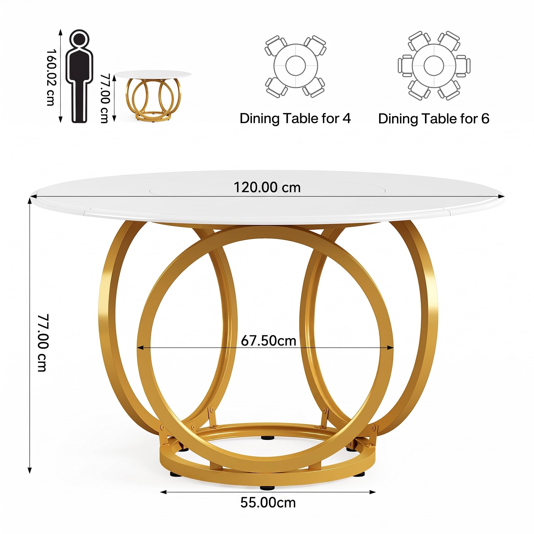 LITTLE TREE Esstisch Rund, moderner 120cm Küchentisch für 4-6 Personen, Couchtisch Beistelltisch mit 2 Ebenen & Metallrahmen für Wohnzimmer, Esszimmer und Küche, Weiß/Gold