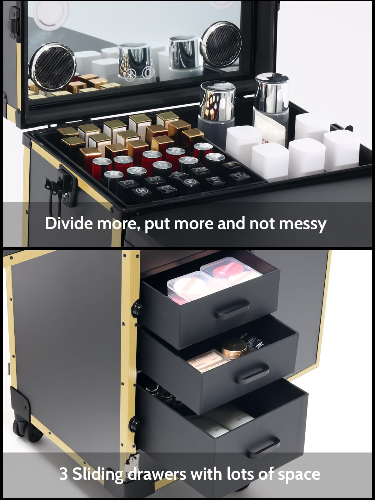 EBANKU Faltbarer Nageltisch, 360° rollender Maniküretisch, tragbarer Reise-Nagelschreibtisch, professioneller Kosmetik-Trolley, Nagelstation mit Schubladen/Spiegel/Bluetooth-Player, Schwarz / Gold
