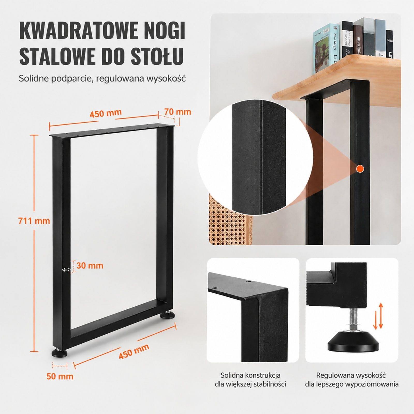 Zestaw 2 czarnych prostokątnych nóg stołowych ze stali węglowej z płytami montażowymi i regulowanymi stopkami do stołów kuchennych, konsolowych i studyjnych