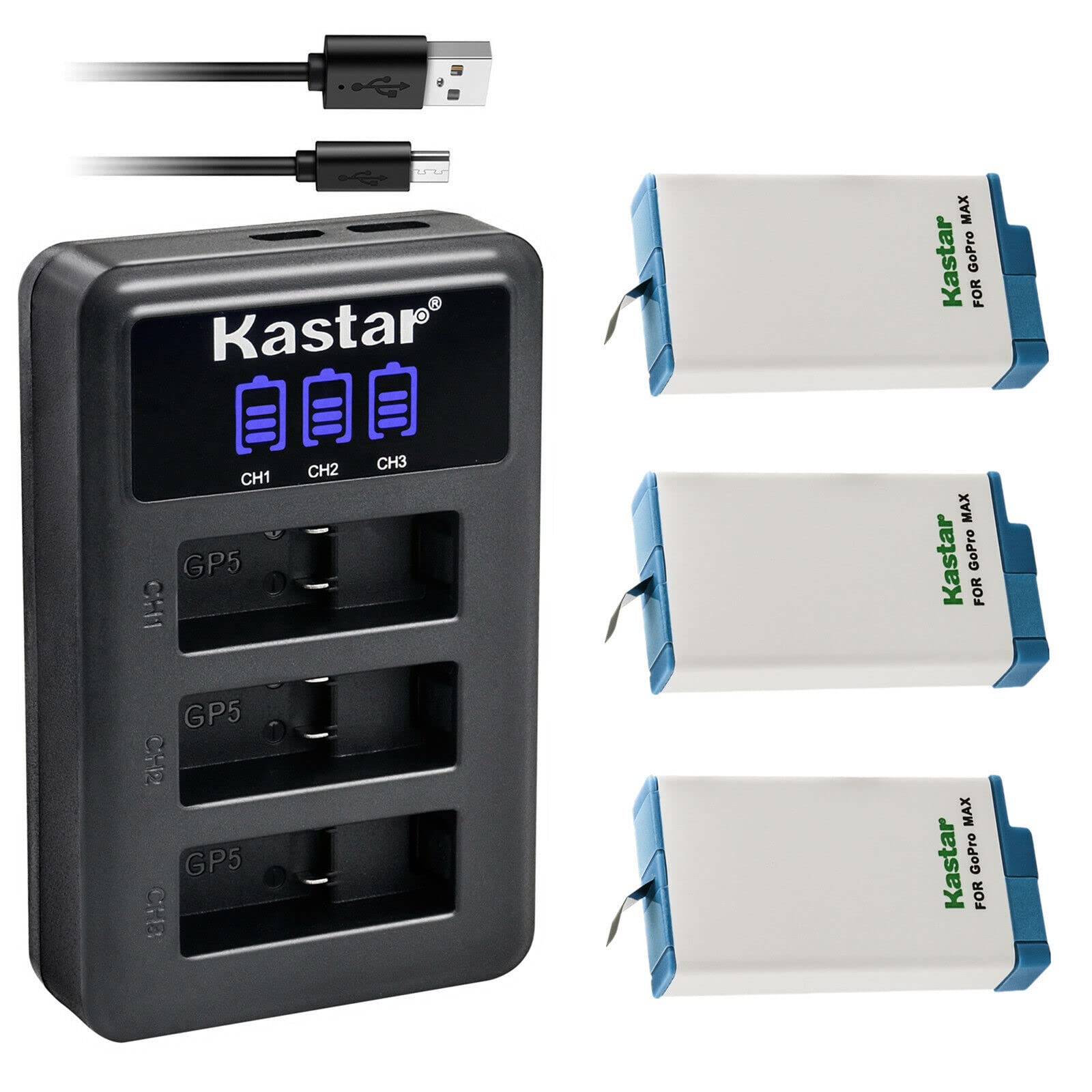 Kastar 3 Pack Battery and LCD Triple USB Charger Compatible with GoPro Max SPCC1B, ACDBD-001 ACBAT-001 ACCBAT-001, CHDHZ-201 CHDHZ201 Battery, GoPro