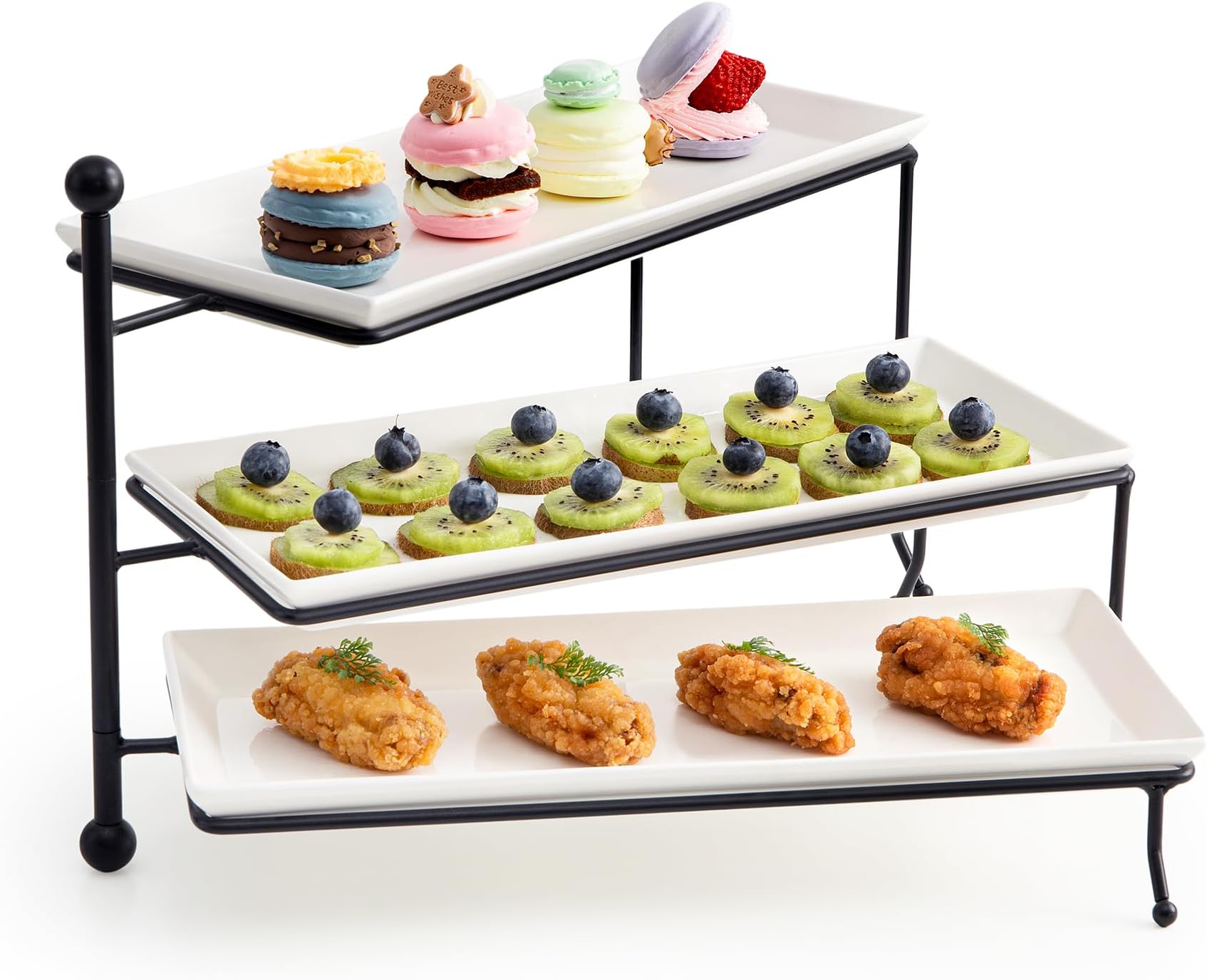 Tiered Serving Stand, Foldable Rectangular Food Display Stand with White Porcelain Platters - Serving Trays, Dessert Display Server for Brithday Party, Valentine's Day and Events, (8541881978)