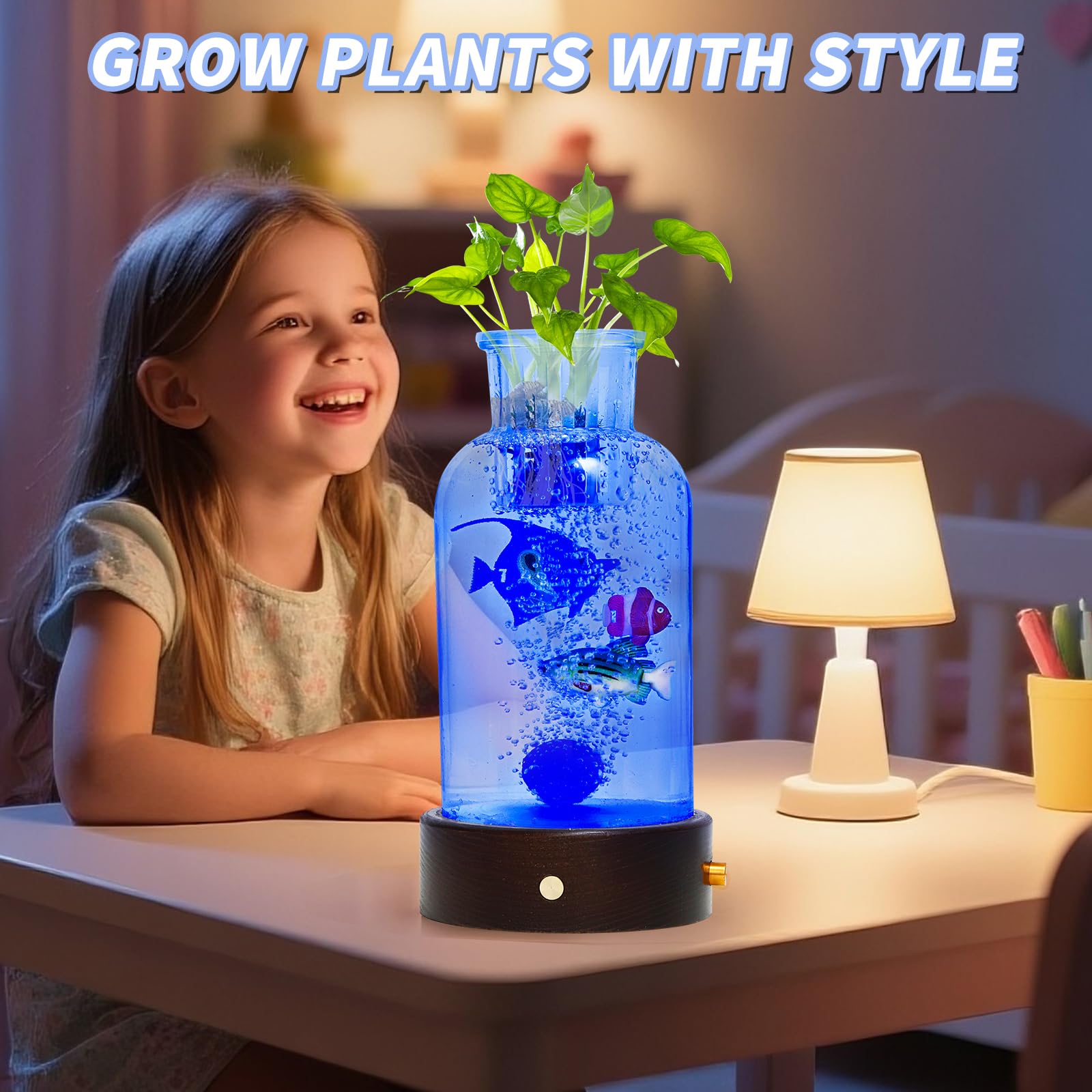 Sensorisches Blasen-Aquarium mit 3 künstlichen Fischen, 16-farbiges Nachtlicht, Mini-Glas-Tank mit künstlichen Pflanzen und Holzsockel, Luftpumpen-Stil, Schreibtischdekoration, Heimdekor, Geschenk für