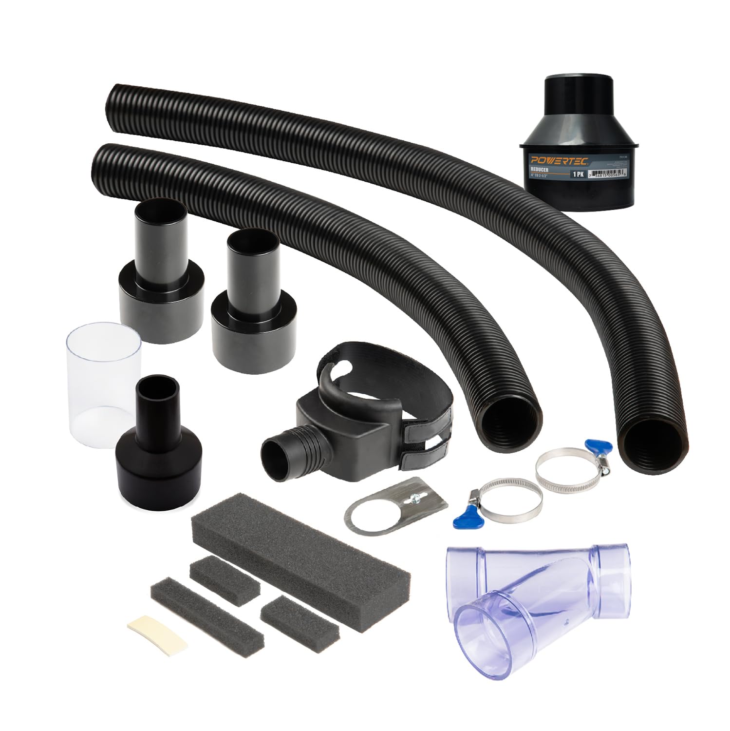 POWERTEC 70488 Accesorios de colector de polvo, sistema de recogida de polvo de mesa de enrutador con ajuste en Y, mangueras, reductores, funciona con Bosch PR20EVS, cable Makita y Porter, no