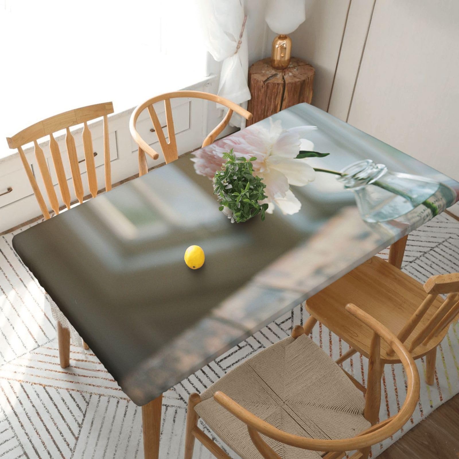 DCEHGEW Elastic Fitted Rectangle Tablecloth for 5ft Tables, Window Flower Printed Oilproof & Washable Fabric Picnic Table Cloth Table Covers