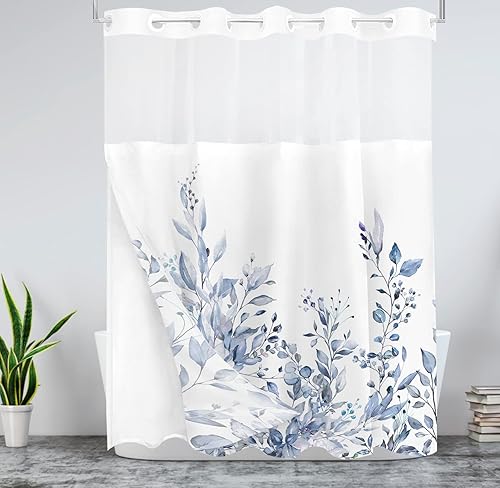 Vista 447 de Tititex - Juego de cortinas de ducha de eucalipto verde oliva, hojas de acuarela en la parte superior con decoración floral de baño, 60 x 72 Hojas