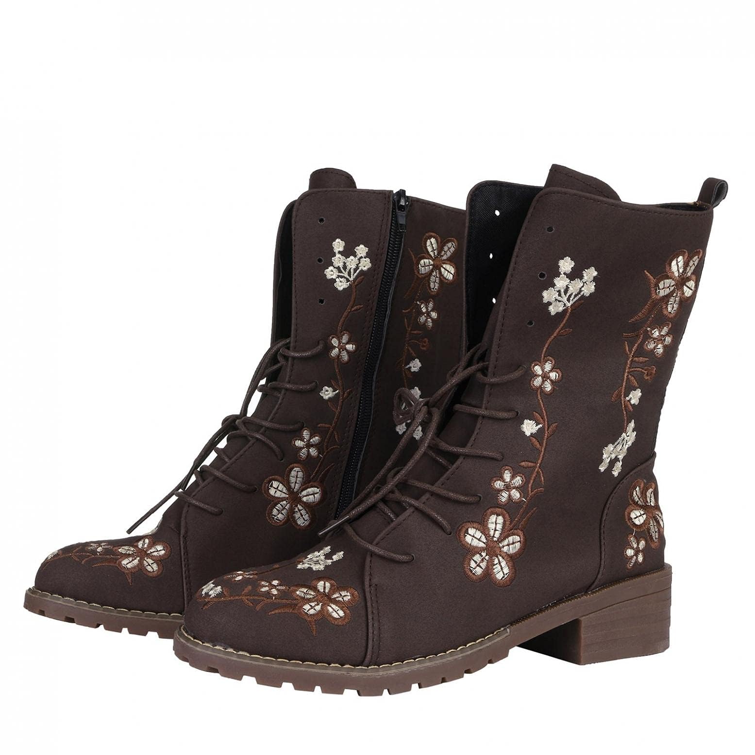 Vintage Combat Boots for Women Ethnic Floral Embroidered Classic Lace Up Boot Leather Chunky Block Mid Heels Ankle