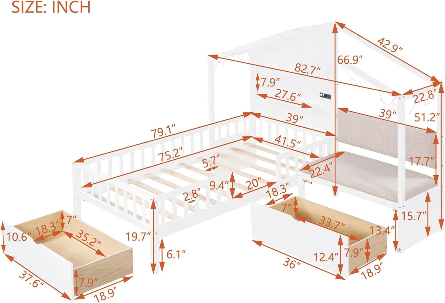 Kids Twin Playhouse Bed Frame with Upholstered Sofa, 2 Storage Drawers and Charging Station, Wood Twin Montessori Bed with LED Light and Shelves, L Shaped Bed for Kids, Boys, Girls (White)