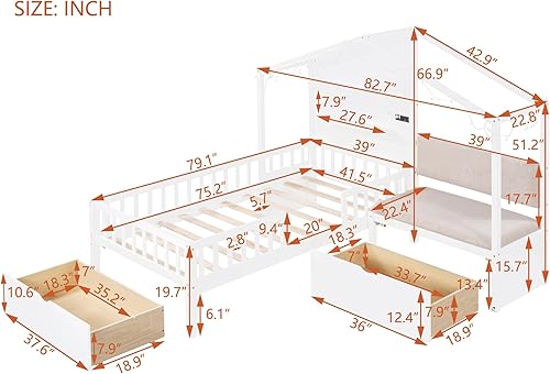 Miniatura 127 de RUNNA Marco de cama de madera de tamaño matrimonial con valla, para niños, adolescentes, niñas, niños, (Natural-Thinck 4col) Natural-Thinck