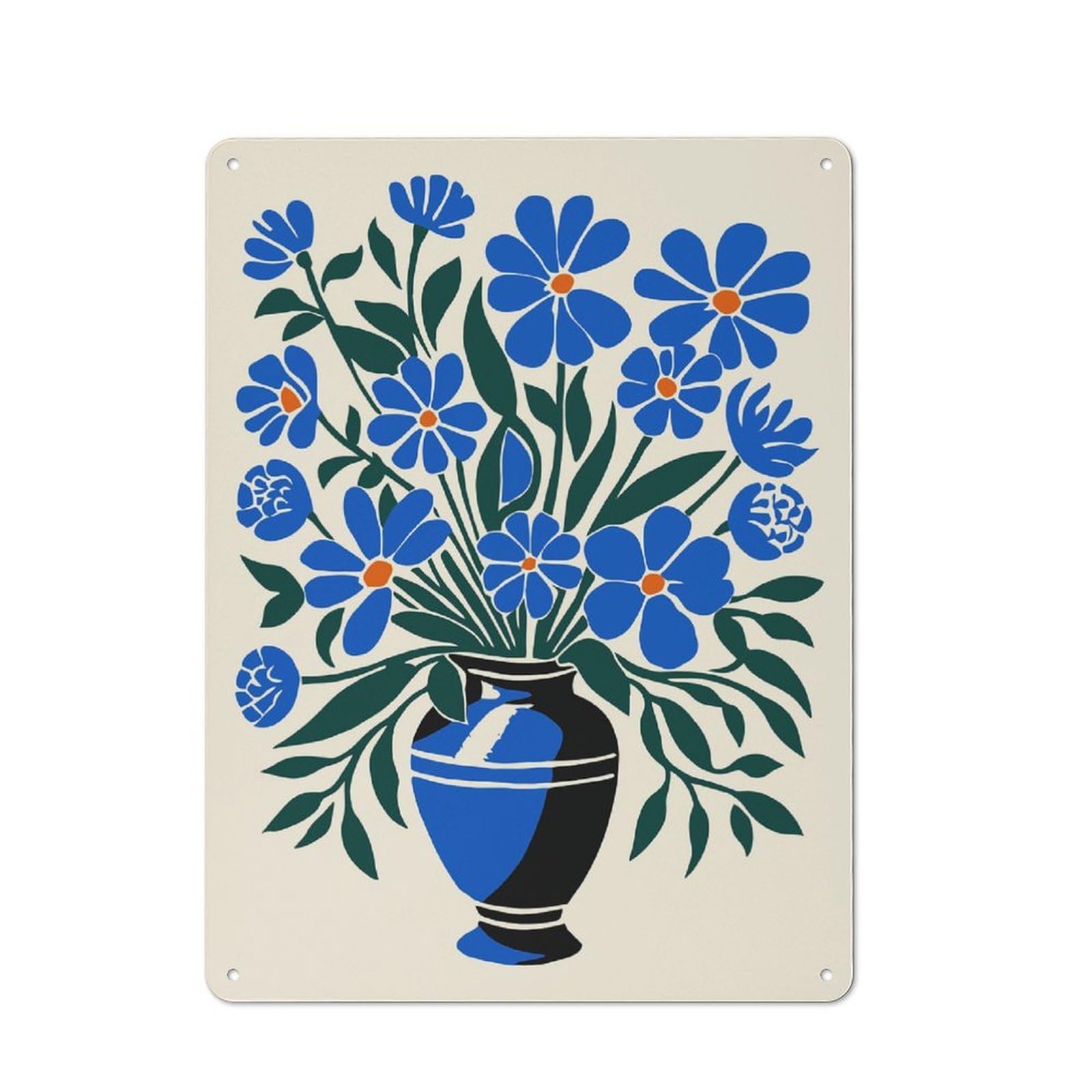 Junmoney Style-12 Metal Wall Plaque With Blue Bouquet Of Flowers Design 40X30cm, Simple Retro Studio Wall Plaque For Hobby Room, Office, Lounge Or Living Room