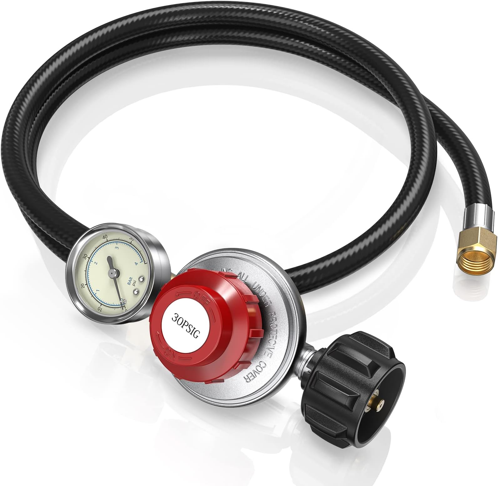 PatioGem Propane Regulator, 3/8’’ Flare Fitting 4 FT Propane Regulator with Hose, 0-30 PSI Regulator with Gauge, Propane Hose with Regulator, Fit for Gas Grill, Burner, Heater, Forge, Fire Pit