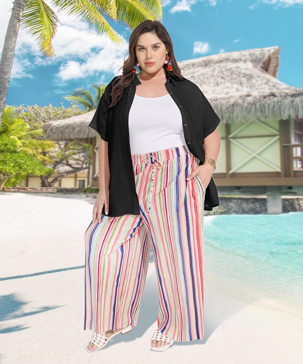 RITERA Haut boutonné à manches courtes pour femme - Col roulé - Léger - Taille XL à 5XL