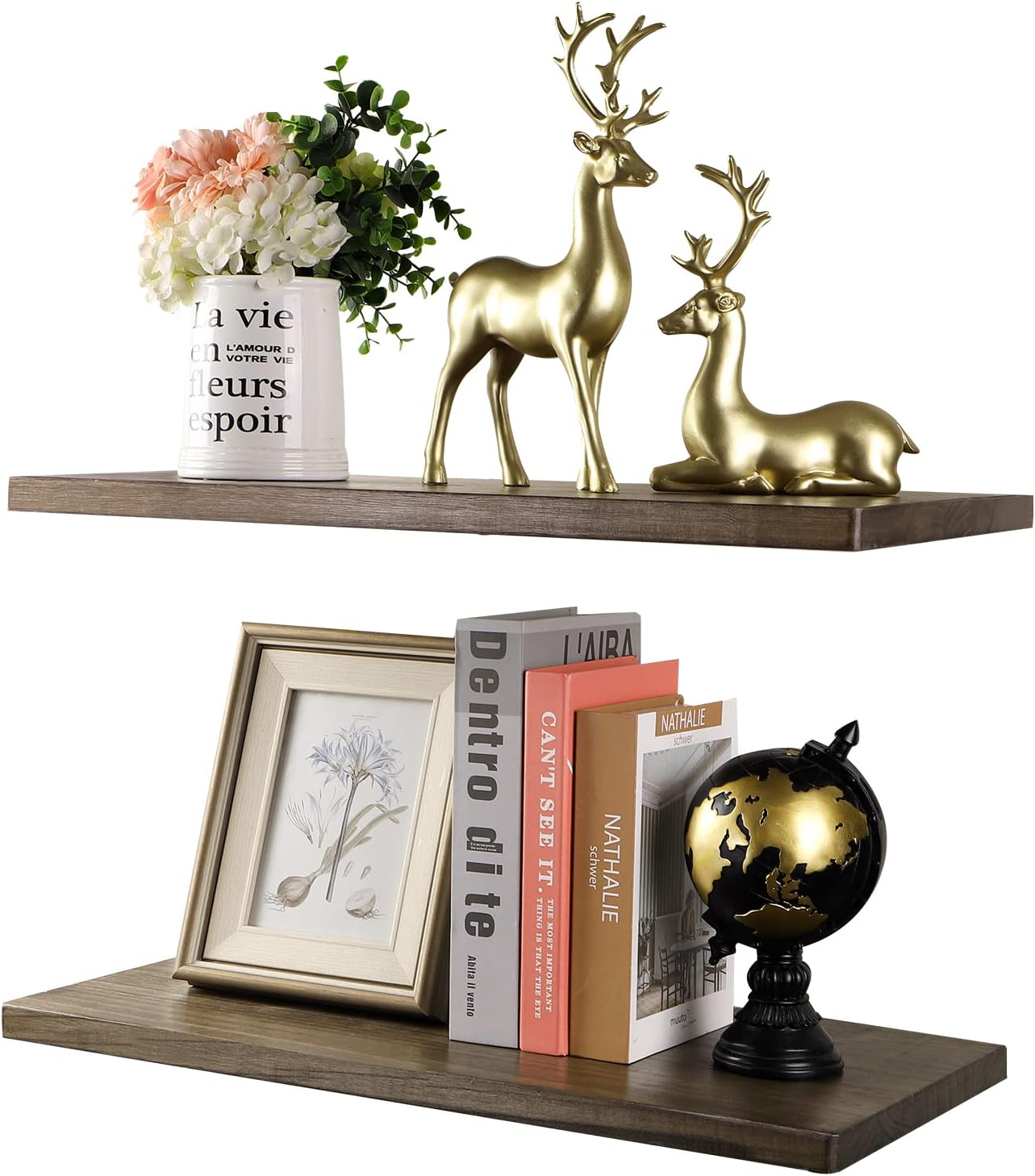 Floating Wall Mounted Shelves Set of 2, Solid Wood Display Ledge Shelves Wide Panel for Bedroom, Living Room, Bathroom, Kitchen, Office, Ebony (23.5" x 11.8" x 1")