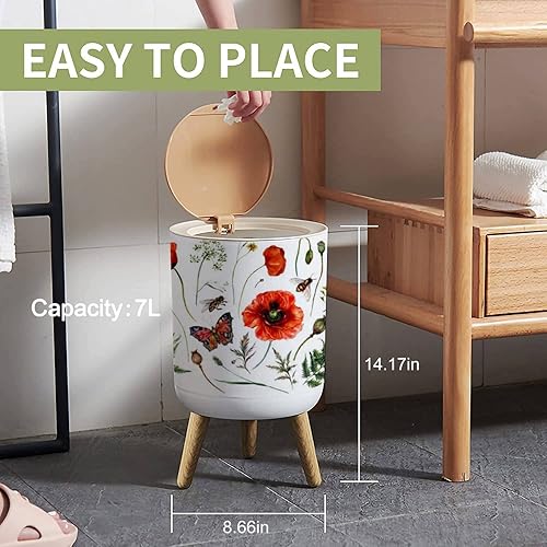 Miniatura 4 de Cubo de basura pequeño con tapa, colección de acuarela de flores rojas y plantas de prado, cubo de basura redondo, cubierta de prensa a prueba de