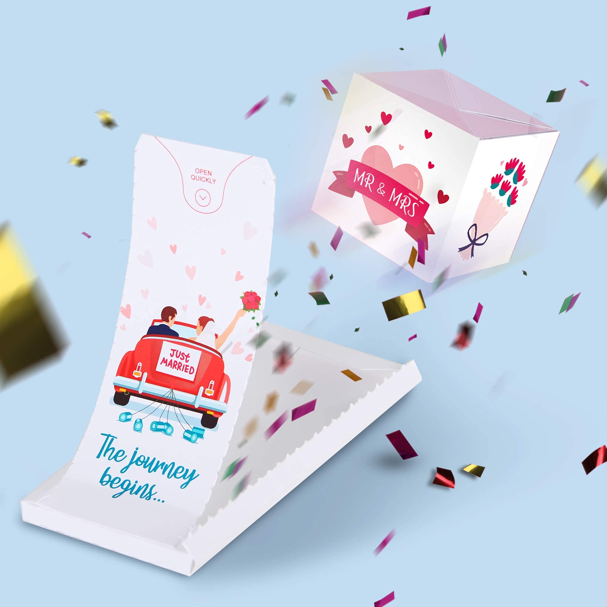 «BOOM» Wedding card - Just Married (The journey begins), Funny Mr and Mrs card for couple, Exploding confetti card, Surprise box prank for Bride Groom