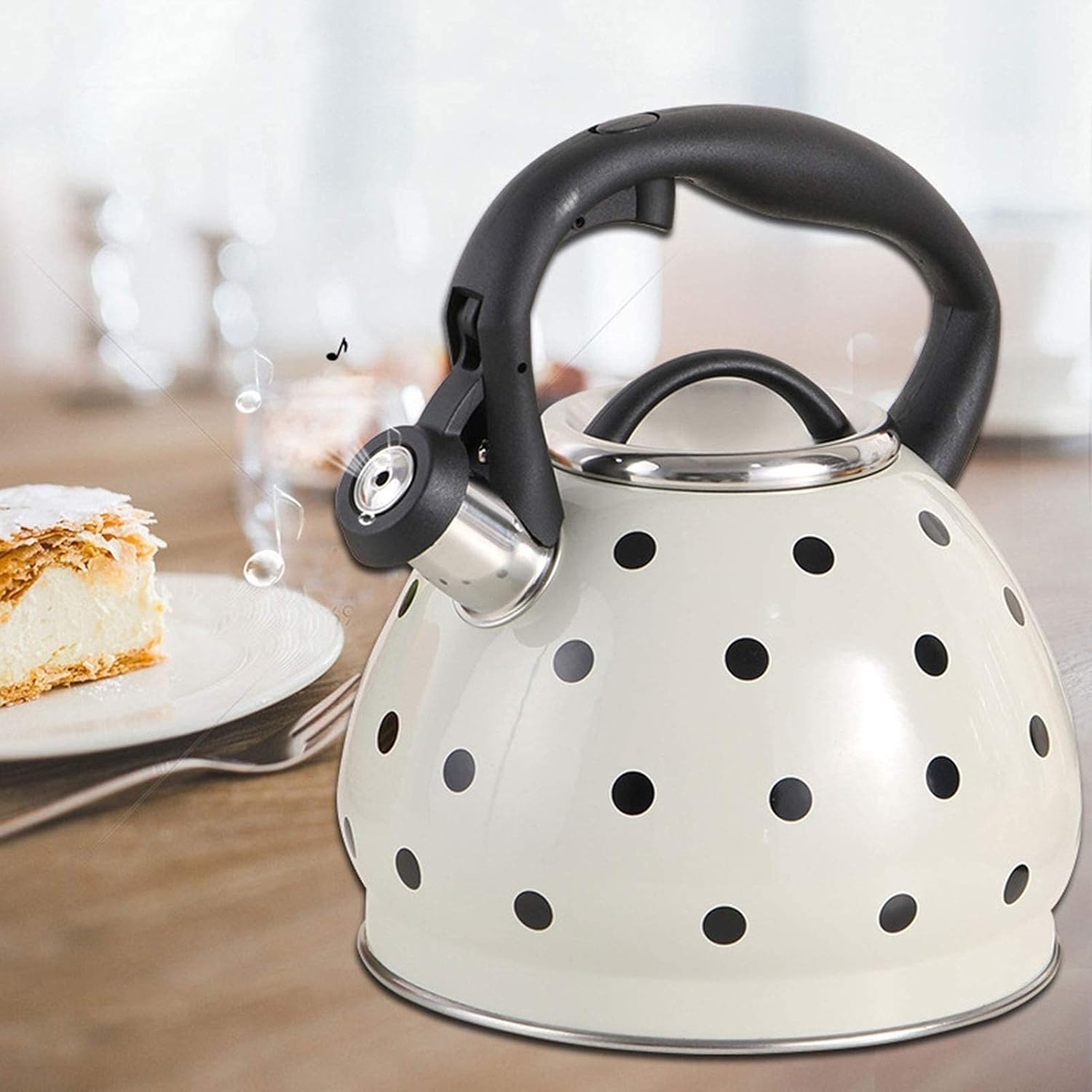 Camping Coffee Pot 3 Quart Large Stainless Steel Teapot Whistle Stove Polka Dot Teapot One-Button Opening and Closing Design Suitable for Home and Outdoor