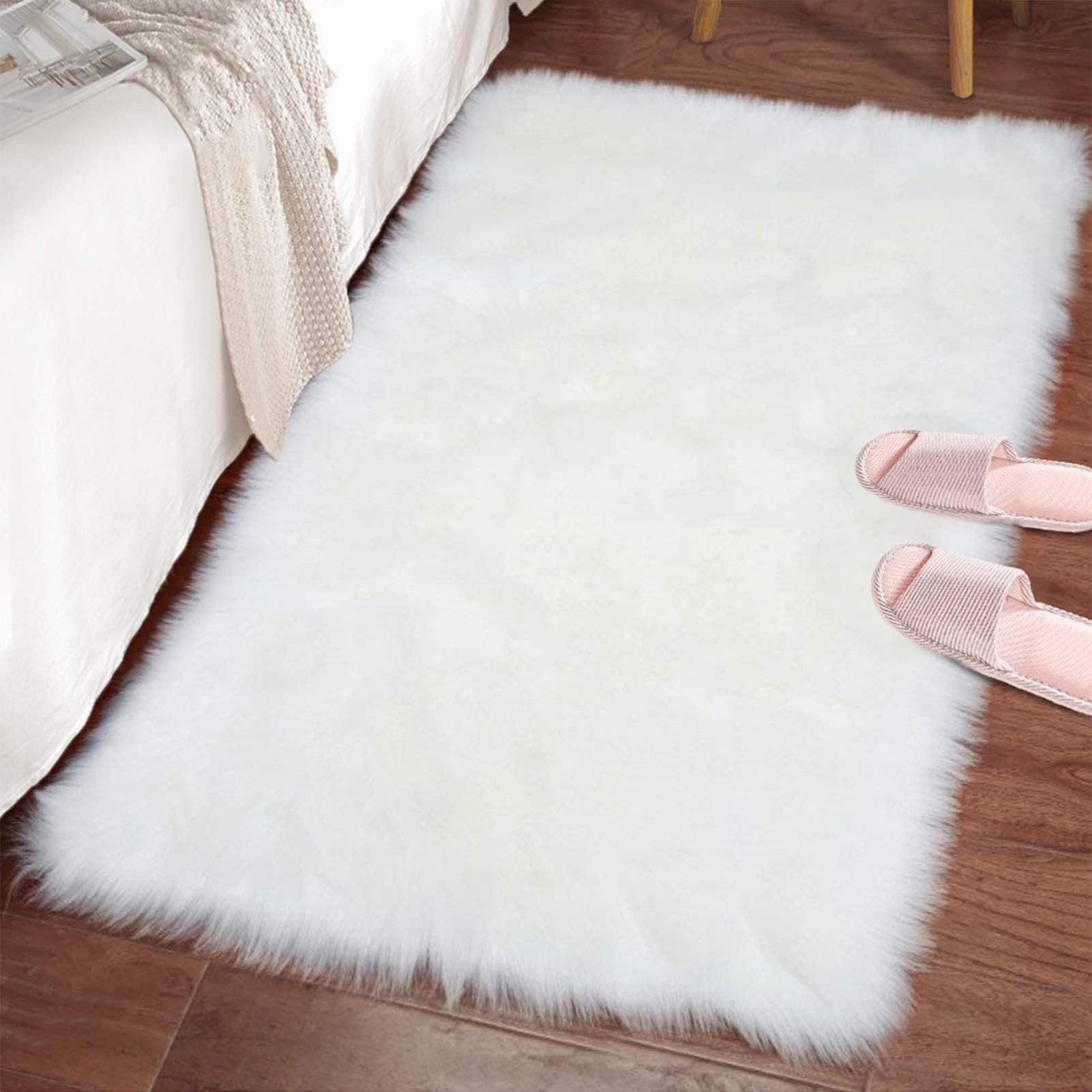 LOCHAS Stylish Ultra Soft Silky Fluffy Shag Faux Sheepskin Area Rug, Bedside Rugs for Bedroom Living Room Carpet Nursery Floor Mats, 60 x 90 cm Rectangle, White…