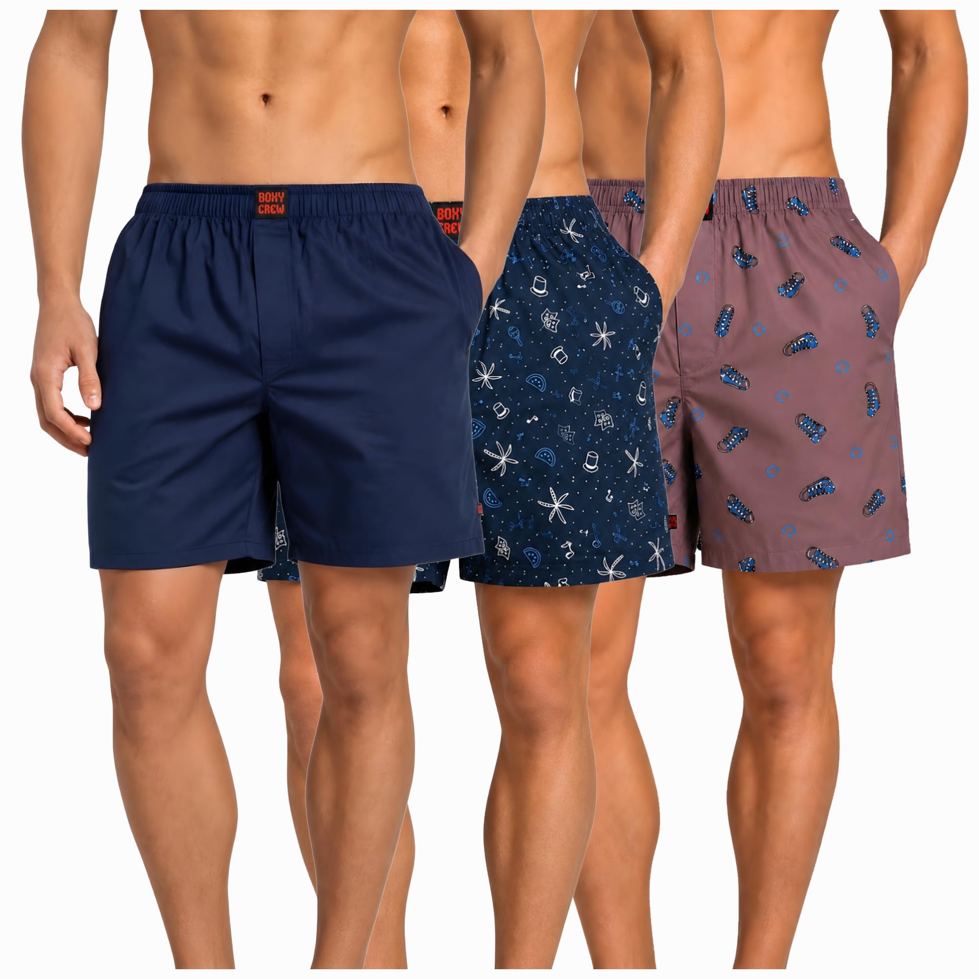Men's 100% Cotton Boxer Shorts Pack of 3, Navy Blue, Navy Blue & Mauve | Woven Boxers with Side Pockets, No-Marks Elastic Waistband, Breathable Relaxed Fit | Style 002-007-015-image-31