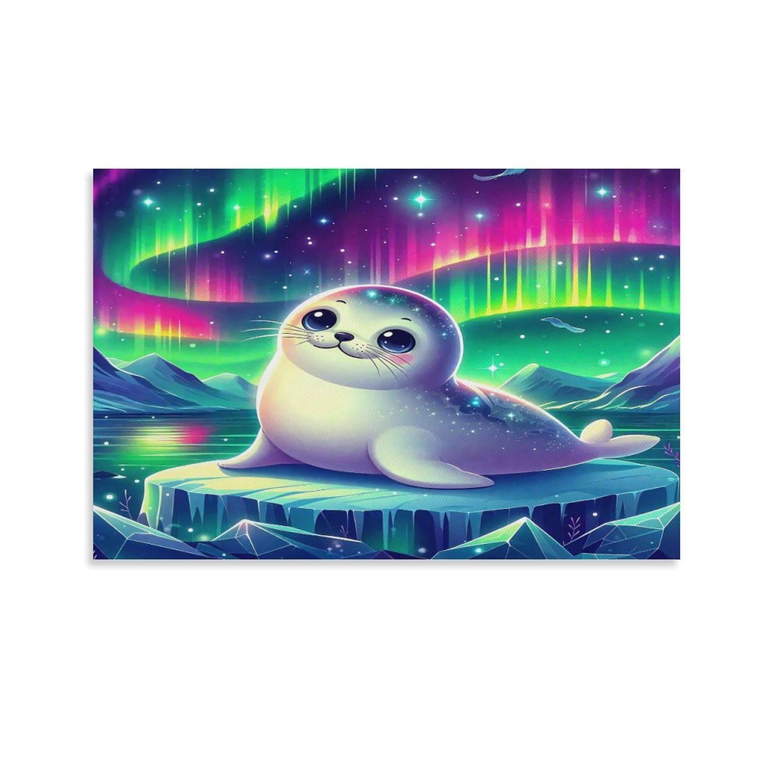 CPLVKWRQJ Seal Under Aurora near Lighthouse Individual Arctic Seal on Ice Beneath Vibrant Aurora Sky Canvas Wall Decor - Nursery Wall Hanging Space Saving Removable Ready to Hang 20x30inch(50x75cm)