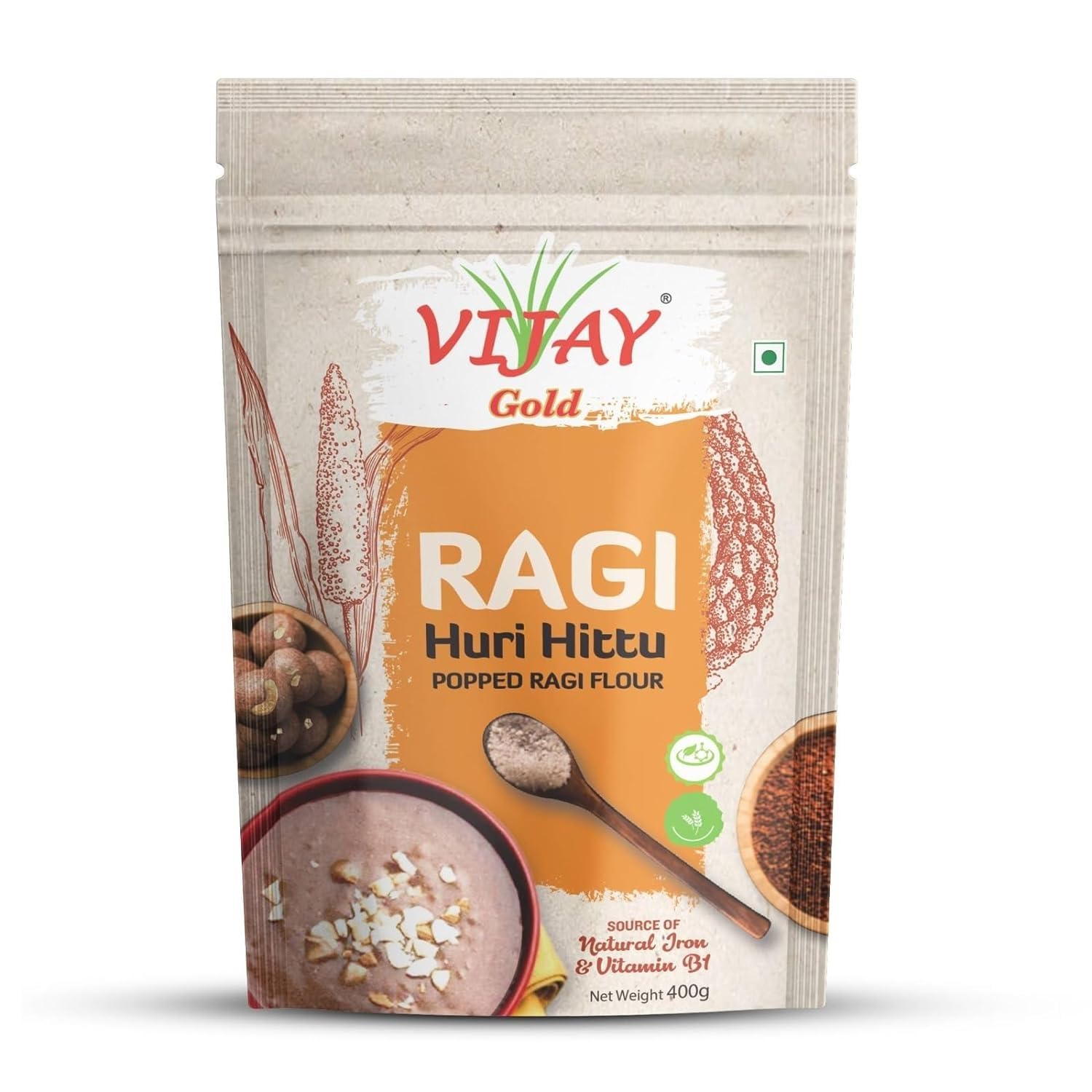 Vijay Gold Ragi Huri Hittu 400 GM| Popped Ragi Flour | | Roasted Finger Millet Powder | Roasted Nachni Atta | Traditional Ragi Flour for Laddu, Porridge, Dosa etc
