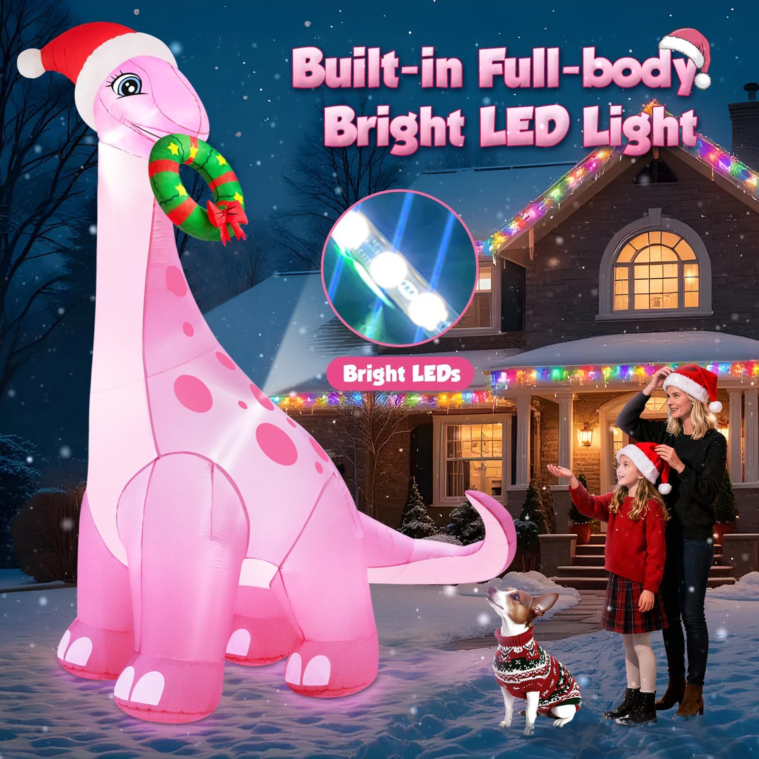 zukakii 13FT Giant Christmas Inflatables Decorations Outdoor Pink Dinosaur, Huge Christmas Blow Up Yard Decorations with Christmas Wreath Hat Build-in LED Light Strong Blower for Holiday Party Xmas