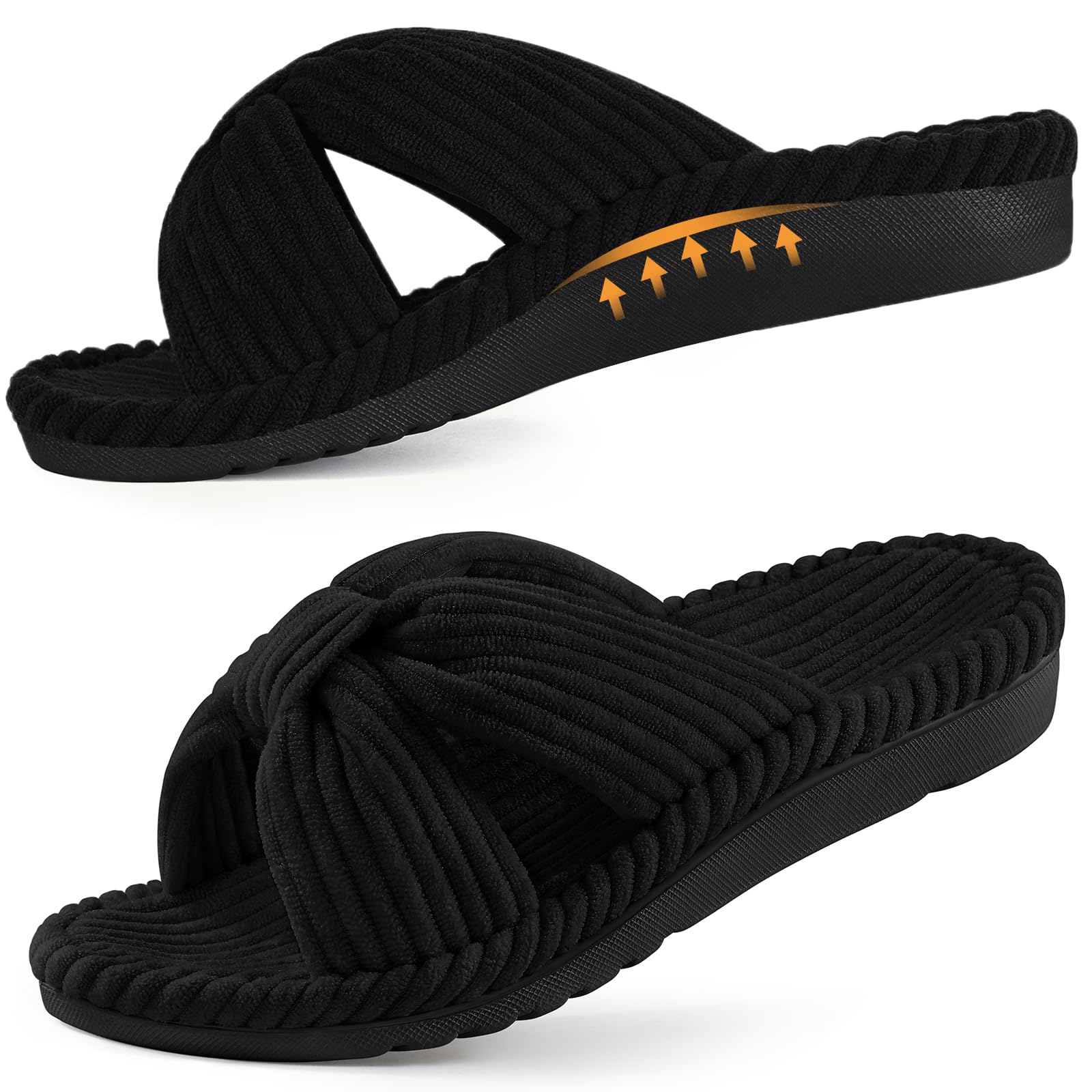 Litfun Womens Orthopedic Slippers with Arch Support Cross Bow Indoor Slippers Corduroy Bedroom Shoes Dark Black 39