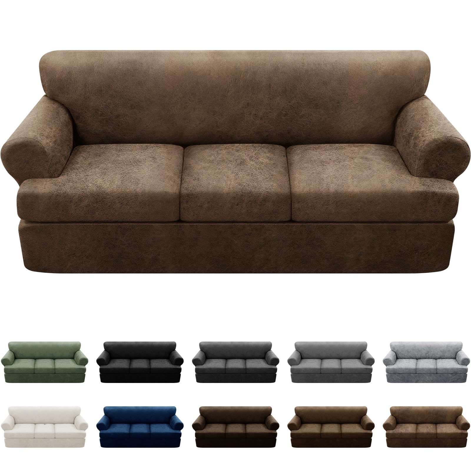 Photo 1 of Pfrstuv 4-Pieces T Cushion Sofa Slipcovers - Leather Look Couch Cover for 3 Cushion Couch - Furniture Protector Stretch Sofa Cover With 3 Individual Seat Covers - Washable, Light Brown