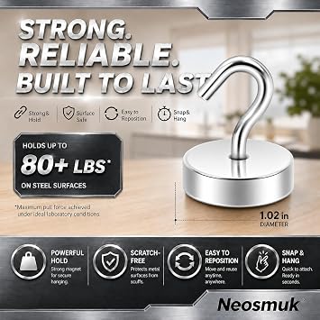 Neosmuk Magnetic Hooks Steel Tube Design for Cruise,80lb+ Silver,10 Pack