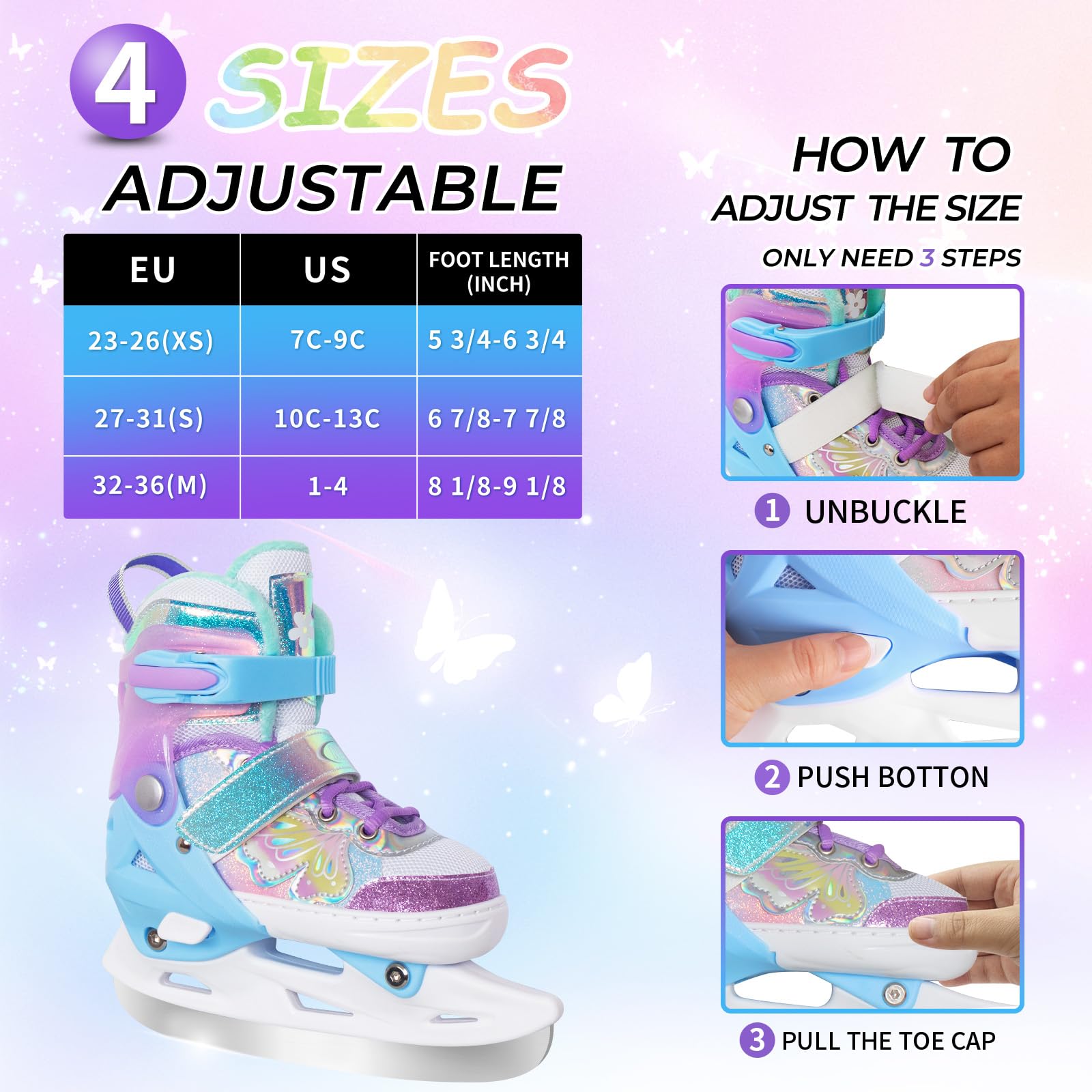 Nattork Patins à glace pour filles - 4 tailles réglables - Patin à glace papillon avec doublure en polaire pour l'extérieur et la patinoire