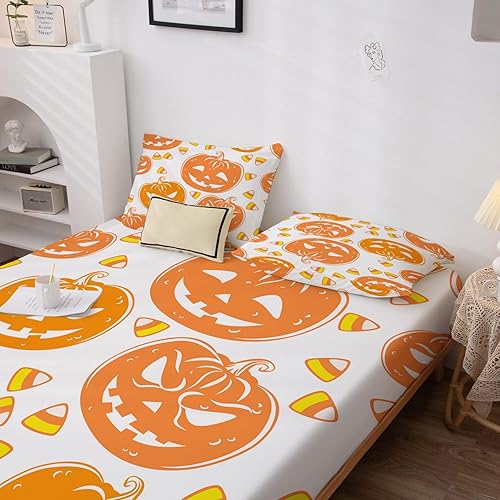 Miniatura 80 de Sábanas de Halloween tamaño individual – Juego de sábanas espeluznantes de calabaza murciélago para niños y niñas, juego de sábanas temáticas