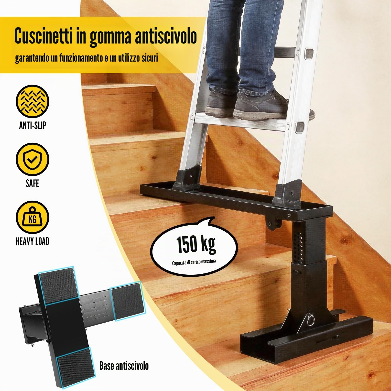 SWAWIS Pieghevole Estensione per Scale Altezza Regolabile 23,5-39cm, Capacità di Carico 150kg, Piattaforma 54 x 13cm, Livellatore per Scale con Tappetino Antiscivolo per Scale Telescopiche e Dritte