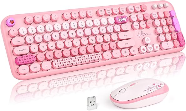 MOFII Wireless Keyboard and Mouse Combo, Cute Retro Typewriter Keyboard and Silent Mouse, 2.4GHz Full Size Computer Keyboard Wireless Mouse Set for PC, Laptop, Desktop, Windows Pink Colorful